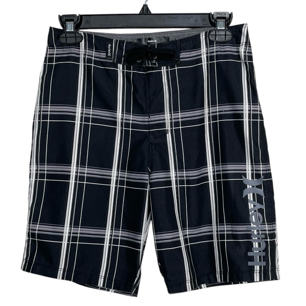 Hurley Board Shorts Black Plaid Vacation Beach Summer Unlined Youth Size 12/26